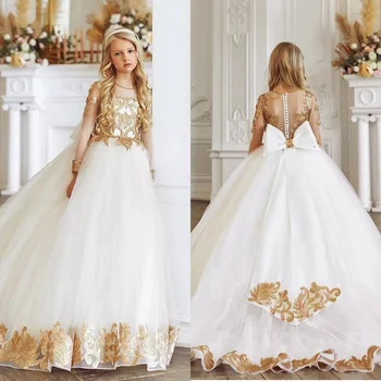Луксозни бели рокли с пайети и цветя модел за момичета на сватбата 2022, рокля за Първо причастие с дълъг ръкав и кръгло деколте и лък