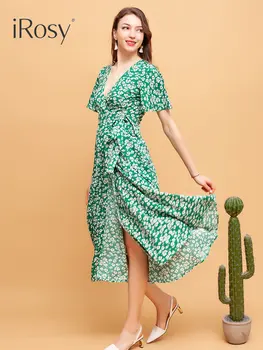 Лятото зелена рокля с мирис на цветенце за жени 2023, Ново красива и елегантна рокля миди с къс ръкав, дамски офис дрехи за почивка на плажа