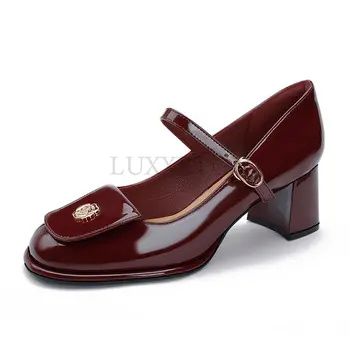 Малки кожени обувки Mary Jane от естествена кожа, дамски пролетни френските обувки с дебел ток в ретро стил с директни бутони късно вечер