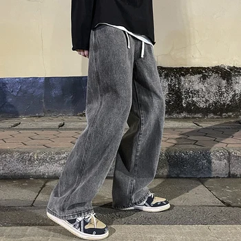 Маркови мъжки дънки, корейската версия, студентски ежедневни панталони, високи улични преки свободни широки дънки, черни, сиви, сини широки дънки