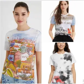 Международна търговия, Испания, женска тениска, лятна дишаща тениска с кръгло деколте и принтом графити, всекидневни топ с къс ръкав