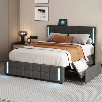 Мек диван-платформа размер Queen Size с led подсветка и USB зареждане, Легло за съхранение с 4 чекмеджета, тъмно-сив