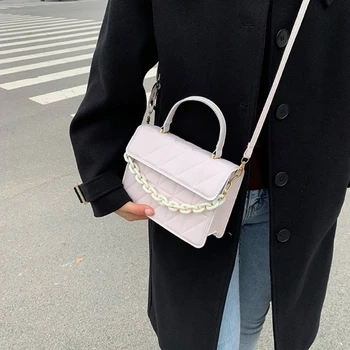 Модерен дамски клетчатая чанта през рамо, малка квадратна чанта с горната дръжка и възвратна клапа, дамски ретро-однотонная чанта на рамото, чанта за дневни Посещения и покупки