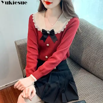 Модерен Елегантен корейски пролетно-есенен пуловер с подплата, уменьшающий възраст, вязаный топ с кукла деколте, дамски дрехи, дизайн, усещане за леко на вятъра