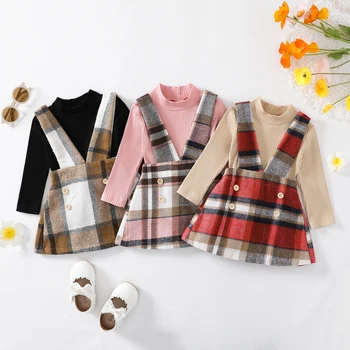 Модерен комплект дрехи за момичета, вязаный топ с дълги ръкави + поли в клетка за малки момичета, елегантна детска пролет-есен облекло, екипировки