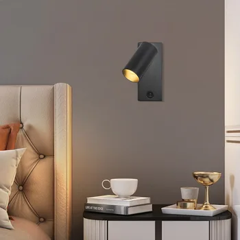 Модерен Лесен стенен монтаж лампа с завъртане на ключа за лампата, на фона на лампа за четене в Спалнята, хола, Черни/медни стенни аплици от ковано желязо