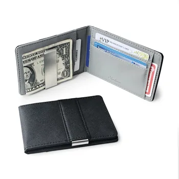Модерен монофонични мъжки кожен портфейл с двоен клипс за пари и метален клипс, дамски портфейл за документи за самоличност, кредитни карти, държач за брой