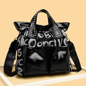 Модерна дамска чанта с нитове от висококачествена естествена кожа, луксозна чанта през рамо, дизайнерска черна чанта-месинджър голям капацитет