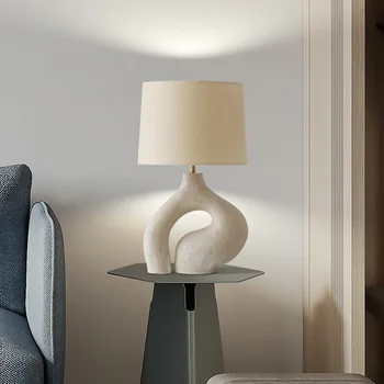 Модерна и лесна настолна лампа от бяла смола, хол, спалня, led осветление, текстилен калъф, творчески декор за помещения E27, настолна лампа