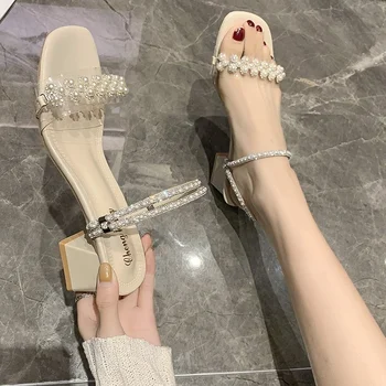 Модни дамски сандали, кристали, ежедневни дамски обувки 2023, нови вечерни обувки с каишка отзад на квадратен ток, жените Zapatos Mujer