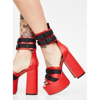 Модни дамски сандали на платформа, червени обувки с отворени пръсти на масивна ток, висококачествени кожени ежедневни сандали с катарама на щиколотке, безплатна доставка