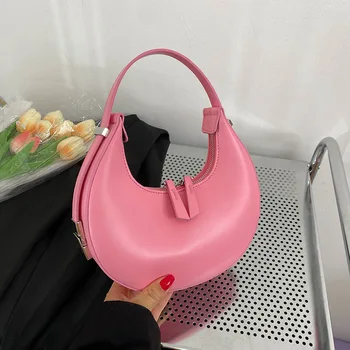 Модни однотонная чанта в стил ретро с полумесец под мишниците, просто женствена чанта на едно рамо