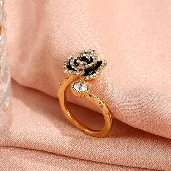 Модни Пръстени с кристали във формата на черна камелия за жени, Модни Прости Пръстен с цветя, Регулируем пръстен, Подарък за приятелки, Бижута 2023
