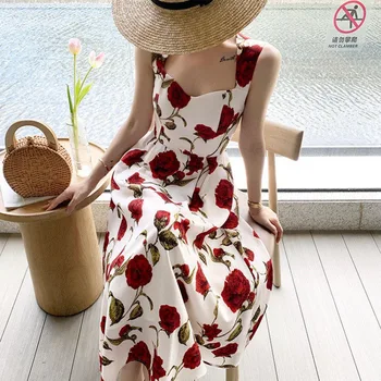 Модно дамско лятото елегантна рокля миди с флорални принтом и каишка във формата на рози, всекидневни сарафан за плажни партита, женствена рокля трапецовидна форма