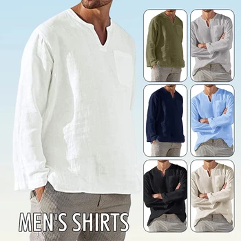 Мъжка лятна ежедневна блуза, бельо памучен риза, свободни топове, тениски с дълъг ръкав и V-образно деколте, ежедневни блузи в плажен стил, върхове