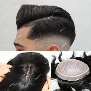 Мъжка перука върху копринена основа, сверхпрочный, M-Дантела, система замяна шиньонов от естествена коса, черен копринен топ, обезцветени възел от човешки коси