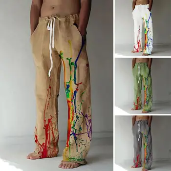 Мъжки абстрактни ежедневни панталони-скелет, мешковатая рисувани, джобове на панталон, еластичен колан на съвсем малък, панталони-кръстоски, комфорт за йога