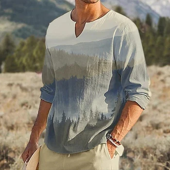 Мъжки Блузи с дълъг ръкав, свободна лятна риза в стил ретро с принтом, туника, есенна мешковатая риза, мъжки дрехи в плажен стил