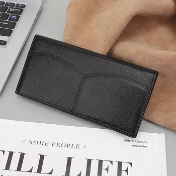 Мъжки дълъг портфейл от естествена кожа с двоен държач за парични карти, портфейл-клатч Slim Hot J74