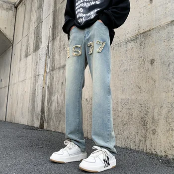 Мъжки дънки Y2K, бродирани дънкови панталони с номера на измиване в ретро стил, високи улични преки тънки ежедневни дънки, панталони с надпис