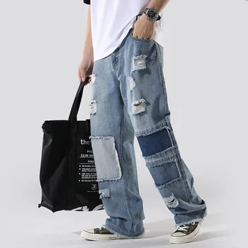 Мъжки дънки Y2K в стил мозайка, бродерии, ресни и цветен блок, мъжки дънки, мъжки дрехи, мъжки панталони, скъсани дънки