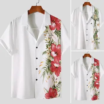 Мъжки ежедневни риза с флорална принтом, хавайски отложной яка, къс ръкав, риза с копчета за мъже, на реколтата, лятото 2023