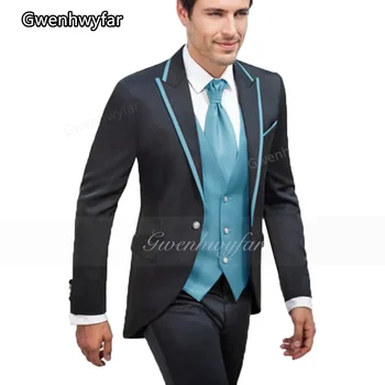 Мъжки костюм Gwenhwyfar, Костюм за младоженеца, бизнес всекидневен костюм за партита, Мъжки тънък комплект от 3 теми с ревера и шал (блейзър + жилетка + панталони)