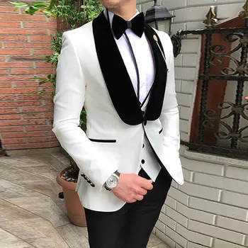 Мъжки костюм, жилетка, яке, панталони, тройка за сватба, черен шал с ревери, бял, оборудвана, однобортный, за тържествен повод, елегантен