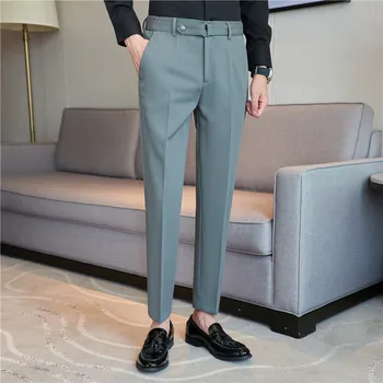 Мъжки костюмные панталони в тънка ивица с колан, характерна шарка и отлично качество на външен вид, Приталенного намаляване, Тъмно синьо, Модел панталони