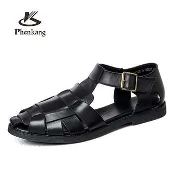 Мъжки летни сандали от естествена кожа, луксозна марка, дизайнерски мъжки плажни сандали в ретро стил с римската катарама