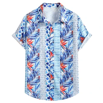 Мъжки Летни Тропически Плажни Ризи С Къс Ръкав, Стилни Хавайска Риза В Синята Лента С Цветен Модел, Мъжки Празнична Camisa Masculina