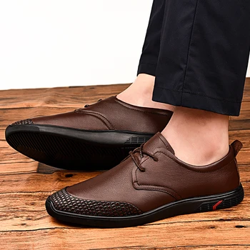 Мъжки модни и ежедневни кожени обувки дантела, пролет-есен, мъжки класически однотонная кафяво-черна дишаща удобни обувки