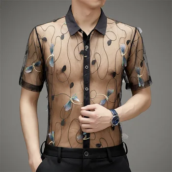 Мъжки секси мрежести, прозрачни летни ризи с къс ръкав и копчета дантела