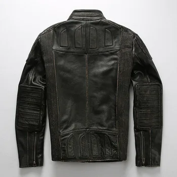 Мъжко яке от естествена кожа, мотоциклетът яке от телешка кожа в ретро стил, мъжки кожени палта