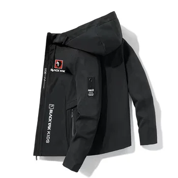 Мъжко яке с черен принтом ЯК, пролетно-есенна яке от полиэстеровой тъкан, модерен спортно яке с качулка за отдих