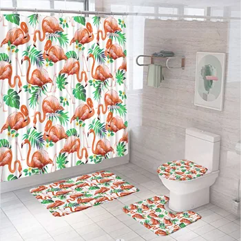 Набор от завеса за душ с душ тип тропически фламинго, параван за баня, Зелени палмови листа, съвременно Цвете, растение, подложка за вана, Капака на тоалетната чиния, Килим