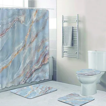 Набор от завеса за душ с мраморна текстура, аксесоари за баня, водоустойчив завеса с куки, естетичен комплект от 4 теми за домашен декор