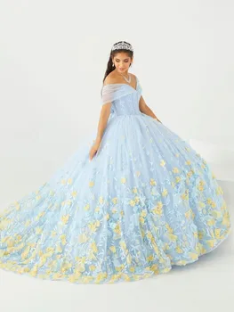 Небето-Синьо буйни рокли Charro, бална рокля с открити рамене, тюлевые цветя, тучни мексикански сладки, 16 рокли, 15 Anos