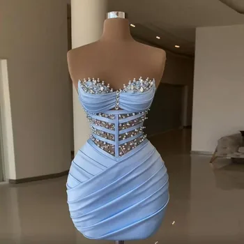 Небето-Синьо Коктейлни рокли 2022, мини-вечерна рокля-калъф от мъниста, атласное елегантна рокля с плисета, женствена рокля за сватбени партита