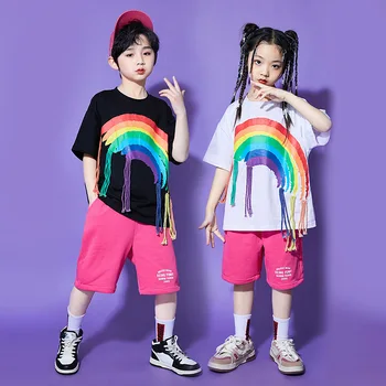 Нов горещ летен детски костюм в стил хип-хоп, джаз танц костюм, риза с розови принтом за момчета и момичета + шорти 4, 6, 8, 10, 12, 16 години
