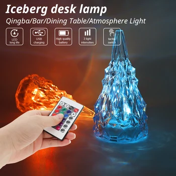 Нов Дизайн на Кристал нощно под формата на Айсберга, пълноценната настолна лампа с дистанционно управление, RGB Цветен малка странична лампа за домашен интериор на спалнята