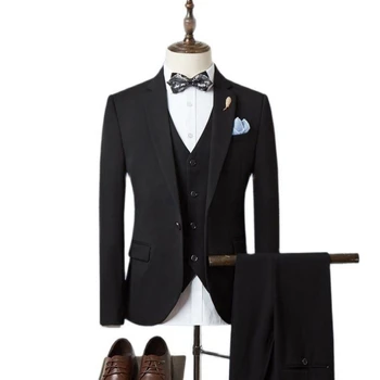 Нов мъжки костюм, комплект от 3 теми, приталенное однотонное ежедневното бизнес сватбена рокля, сако за младоженеца, жилетка с штанами