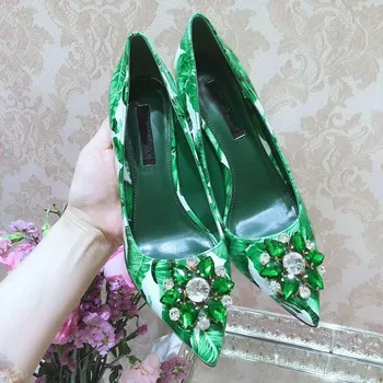 Нов страхотен принт, зелени обувки на висок ток-висок ток, женски необичайни обувки-лодка с остри пръсти и украса под формата на кристали, Zapatos Mujer