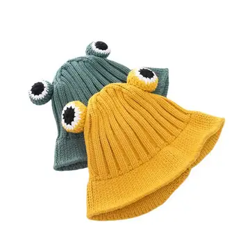 Нова вълна детска шапка рибар с изображение на анимационни жаби за момчета и момичета, есенни и зимни детски възли топли детски шапки с доста големи очи, детски шапки