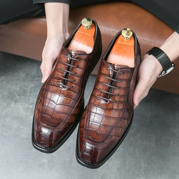 Нова Кафяв мъжки Официалната обувки Oxfords с квадратни пръсти и каменен модел, Черен Бизнес мъжки обувки, Безплатна Доставка, 38-Размер 46 Дерби