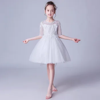 Нова рокля на цветя модел за момичета, детски дантелен ръкав, елече с 3D аппликацией във формата на цвете, тюлевое рокля за вашата сватба, рожден ден, облекло за училище