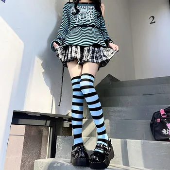 Нови японски чорапи на райета за горещи момичета в готически стил харадзюку в стил пънк, градинска мода за Момичета, черни, сини, сладки Чорапи