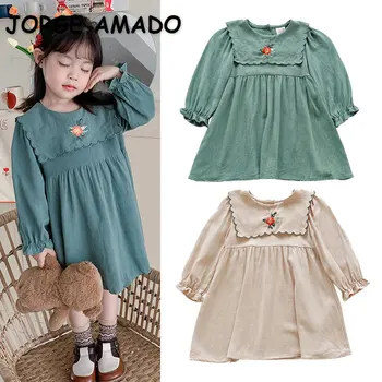 Ново есен принцеса рокля в корейски стил зелен кайсиев цвят, с отложным яка и дълги ръкави за момичета, детски дрехи E2246
