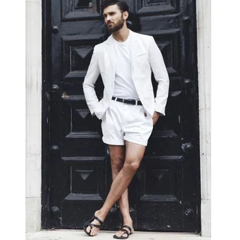 Ново записване, бели летни къси мъжки костюми за плажа с къси панталони, мъжко сако от 2 теми, Masculino, най-новият моден дизайн на облекло