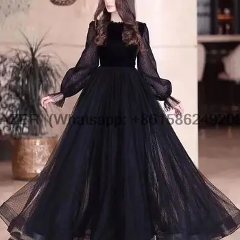 Ново записване, вечерни рокли трапецовидна форма с високо воротом и дълъг ръкав, 2023, черно, Дубайское, арабски, мюсюлмански вечерна рокля, дамски парти, абитуриентски вечер